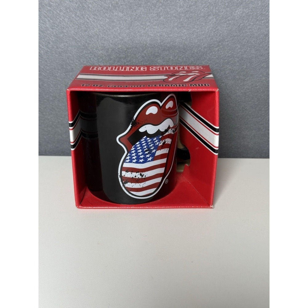 Rolling Stones Mouth American Flag 12 oz. Black Ceramic Coffee Mug Bravado 2011